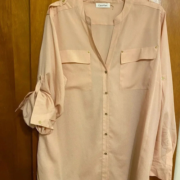 Calvin Klein Peach Tunic with Chest Pockets Rolled up Sleeves,  Women’s Size L - Picture 8 of 8
